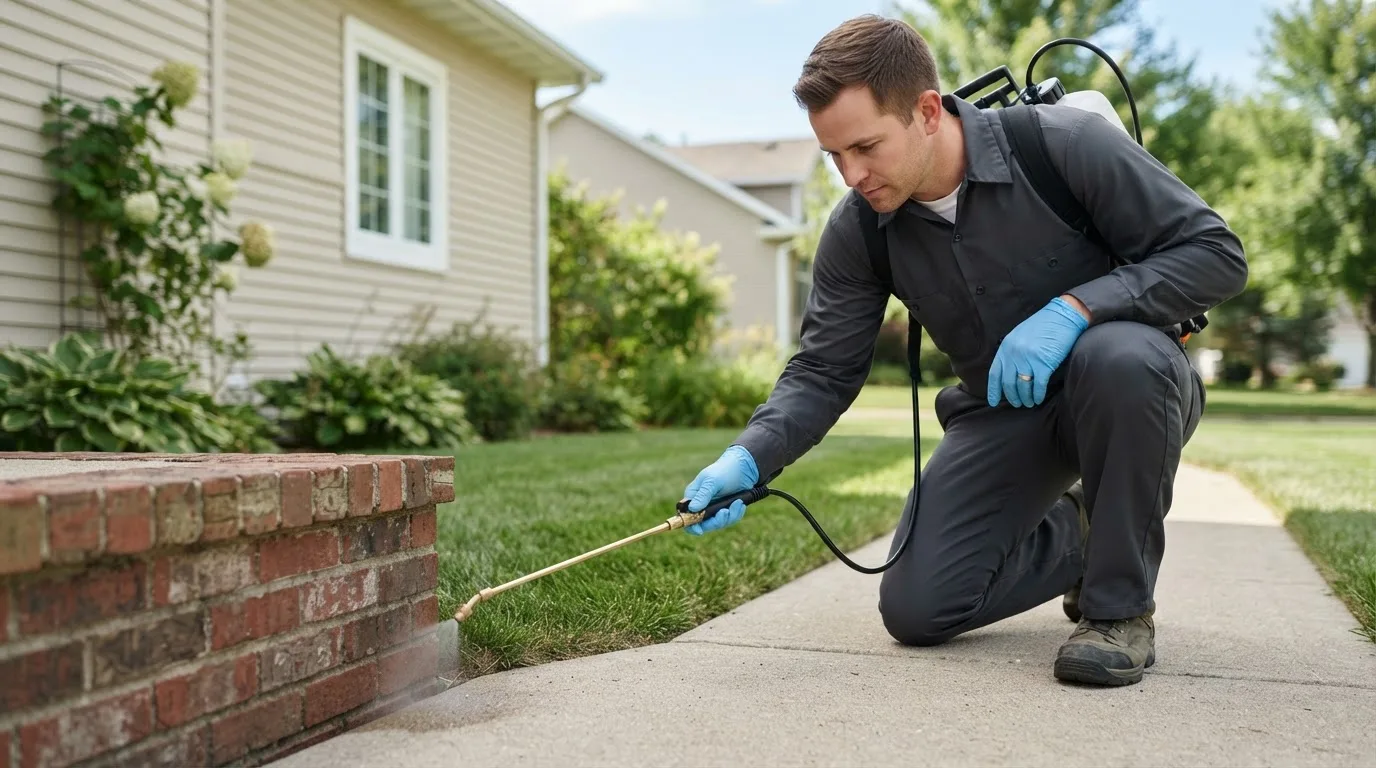 Pest control technician treating a home near Kennebunk, ME