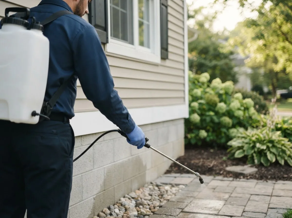 Pest control technician inspecting a home in Kennebunk, ME